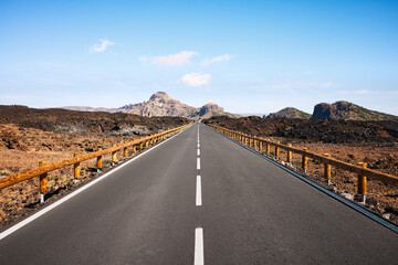 Scenic road in volcanic scenery, Teide National Park, Tenerife, Spain.