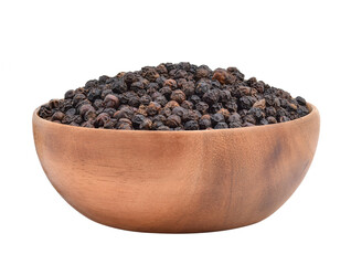 Black pepper in wooden bowl isolated on white background