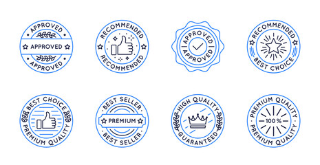 Set of 8 trendy linear badges, labels, stickers for social media, product design, packaging. Circle trendy  Approved, Recommended, High Quality, Bestseller, and other labels. Vector illustration
