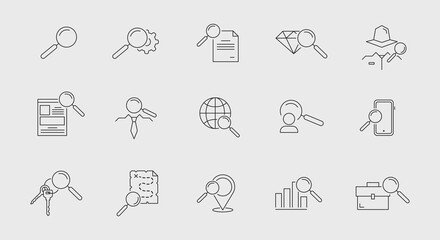 Fototapeta premium Search icons set with a magnifying glass. Search related icons set isolated on white background. Anonymous, Job Search, and other icons. Vector illustration