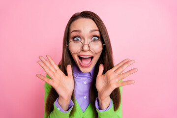 Close-up portrait of nice attractive overjoyed amazed cheery crazy lucky girl nerd great cool news...
