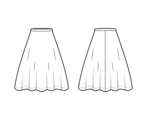 Skirt flared skater technical fashion illustration with knee lengths, A-line fullness, thin waistband . Flat bottom apparel template front, back, white color style. Women, men, unisex CAD mockup