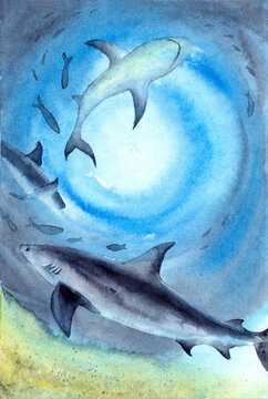 Watercolor illustration of a school of fish and sharks at deep blue ocean