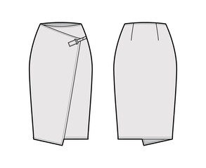 Skirt wrap technical fashion illustration with straight knee silhouette, pencil fullness, close with carabiner connector. Flat bottom template front back grey color style. Women men, unisex CAD mockup