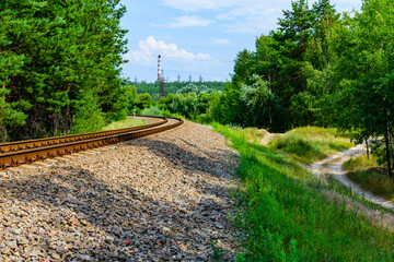 Old railroad in forest on summer