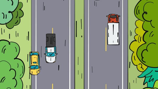 Dangerous driving, crossing the road in the wrong place cartoon animation, top view