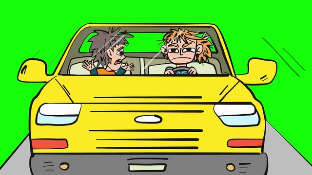 Quarrel in the moving car comic cartoon looped animation in a front view isolated on green screen