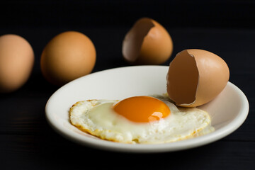 fried egg, eggshells on a white plate