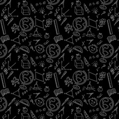 Seamless pattern. Back to school formulas. black chalkboard with creative kid's doodle drawing. Doodle freehand chalk drawing on chalkboard. Education concept