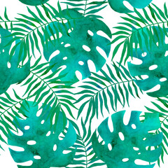 Fototapeta na wymiar Seamless pattern with leaves, monstera, watercolor illustration