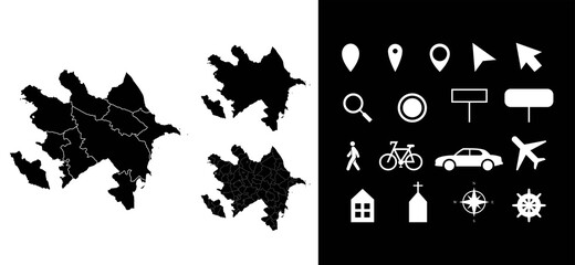 Obraz premium Map of Azerbaijan administrative regions departments, icons. Map location pin, arrow, man, bicycle, car, airplane.