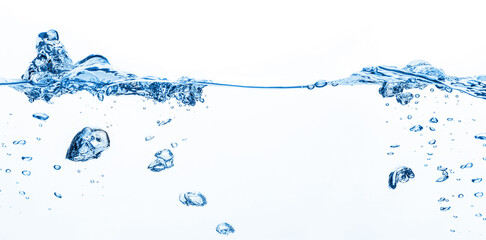 Water splash banner on white background. Water poured into tank, bubbles and splashes. Drinking...
