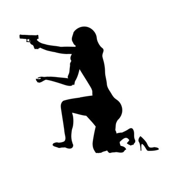 recommend clip art: Abstract silhouette firing girl, female isolated silhouette. Beautiful woman spy in shootout. Heroine sit and aims, film action cartoon style. Vector illustration.
