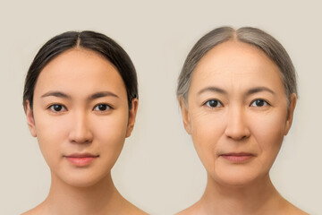 the concept of facial aging. Asian woman young and old, comparison. skin aging, wrinkles and gray hair
