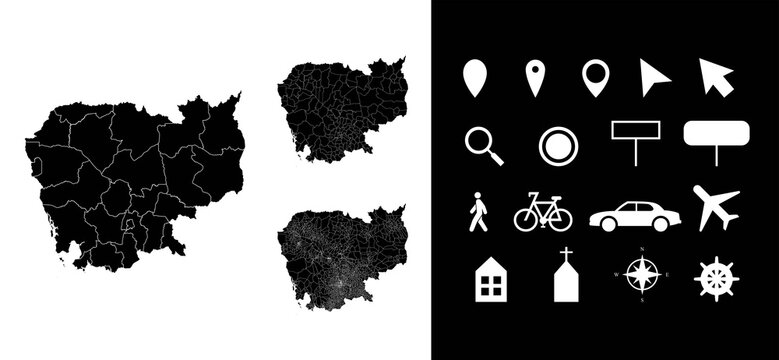 Map of Cambodia administrative regions departments, icons. Map location pin, arrow, man, bicycle, car, airplane.