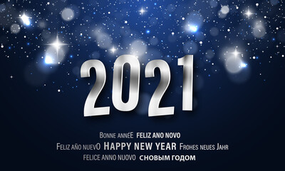 Happy New Year greeting card in different languages. PF 2021.