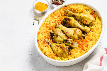 Coconut curry chicken rice . Space for text, top view.