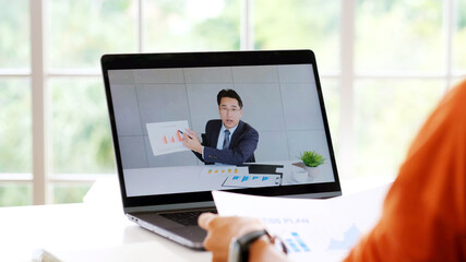 Video conference, Work from home, Businessman making video call to employee with virtual web, Contacting manager by conference on laptop computer at home, Talking on web, Online consultation  business