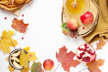 apple pie and autumn leaves, pomegranate, cozy tea