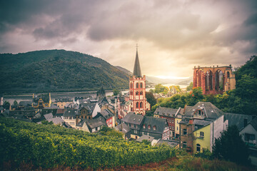 Germany Bacharach am Rhein. Beautiful historic village with an old church and half-timbered houses. Everything was taken from a vantage point with a view of the city and the river rhine