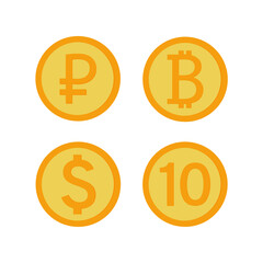 Vector set of coins, dollar, ruble, bitcoin, ten. Flat cartoon color design isolated on white background, eps 10.