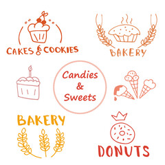 Naklejka premium Vector set and illustrations of bakery, cakes, candies and ice cream. hand drawn logos collection