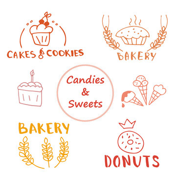 Vector set and illustrations of bakery, cakes, candies and ice cream. hand drawn logos collection