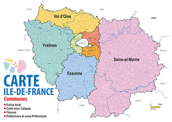 CARTE ILE-DE-FRANCE ADMINISTRATIVE -  Communes vecteur avec calques