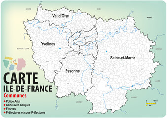 CARTE ILE-DE-FRANCE ADMINISTRATIVE -  Communes vecteur avec calques - obrazy, fototapety, plakaty