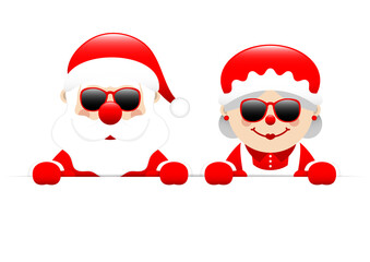 Weihnachtsmann Und Frau Sonnenbrille Halten Horizontales Banner