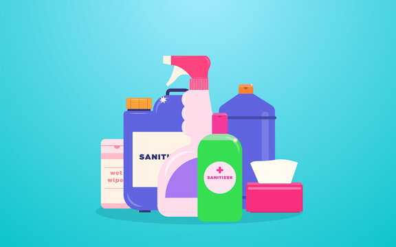 Hygiene products Vector illustration in flat design Many different bottles, jars and wipes with antiseptic and hand sanitizers