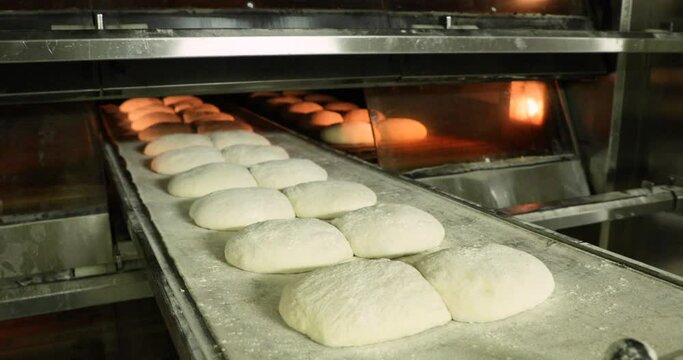 Line Of Raw Bread In A Long Tray Placed Inside The Electric Deck Oven - Bread Making In A Bakery - Slow Motion
