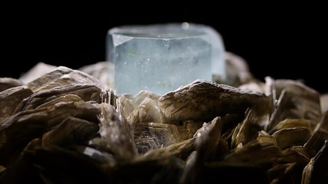 A very tight macro shot of a rare aquamarine sample nested in muscovite from Argentina.