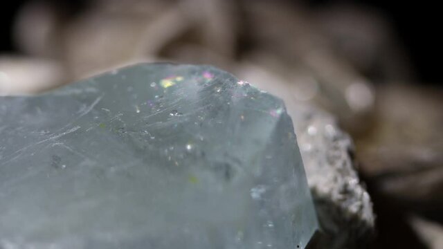 A macro detail of an aquamarine crystal showing its prismatic qualities. Sample from Argentina