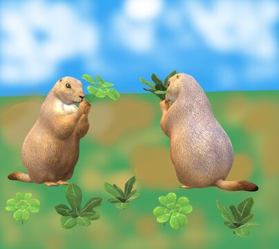 3d image: two prairie dogs in the meadow