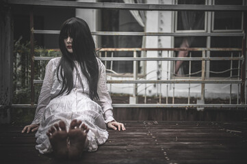 Portrait of asian woman make up ghost,Scary horror scene for background,Halloween festival...