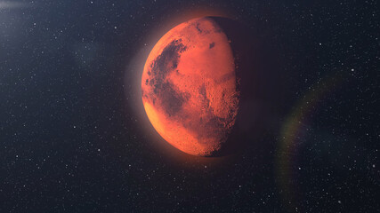 Obraz na płótnie Canvas 3d rendering, Planet Mars Surface with stars and sun flare