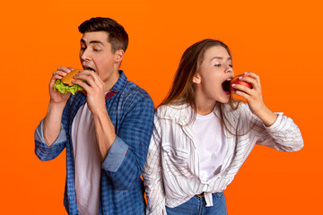 Hunger, fast food, healthy eating and vegetables concept