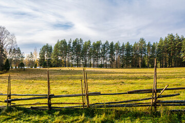 Fototapeta na wymiar View of livestock area of The Korteniemi Heritage Farm, Liesjarvi National Park, Tammela, Finland