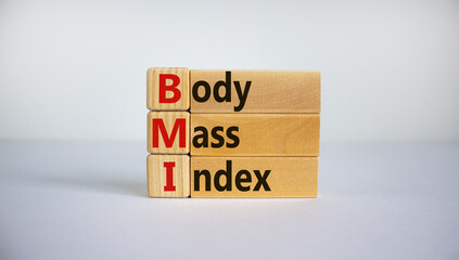 Cubes and blocks form the expression 'BMI - Body Mass Index'. Beautiful white background, copy space. Concept. - obrazy, fototapety, plakaty