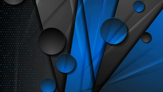 Blue black abstract geometric motion background with glossy circles and glitter dots. Seamless looping. Video animation Ultra HD 4K 3840x2160