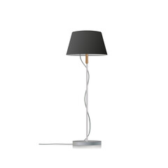 Decorative floor lamp. Original model with a black silk lampshade and a metal leg. For living room, bedroom, study and office. Vector 