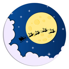 Happy Christmas and New year. Vector greeting card. Silhouette of Santa Claus flying on a sleigh drawn by reindeer.