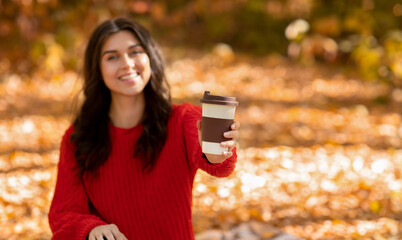 Lovely young lady in warm woolen sweater drinking fresh hot coffee at autumn park, selective focus. Copy space