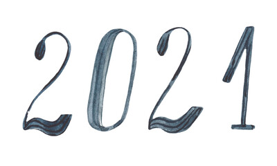 Watercolor 2021 sign on white background. Number 2021 for new year design.
