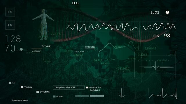 Medical background.Technological HUD for medicine and science.3D human.DNA.Cardiogram monitor.ECG Vfib.Heart beat line.Medical Institute students.2D graphic.Black and white for alpha luma channel.