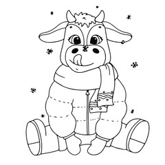 cute bull drawn in cartoon style. Animal symbol of 2021. Collection of new year vector bulls to create a design. Funny Christmas bull. coloring antistress