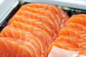 Close up fresh salmon and toro sashimi; texture and background.