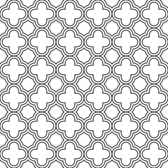 Seamless surface pattern design with quatrefoil figures. Oriental traditional ornament with repeated rounded shapes. Window tracery wallpaper. Grid motif. Digital paper abstract. Vector illustration.