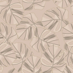 Abstract beige palette seamless pattern with monstera ornament. Creative print. Vintage pastel tones botanic artwork.